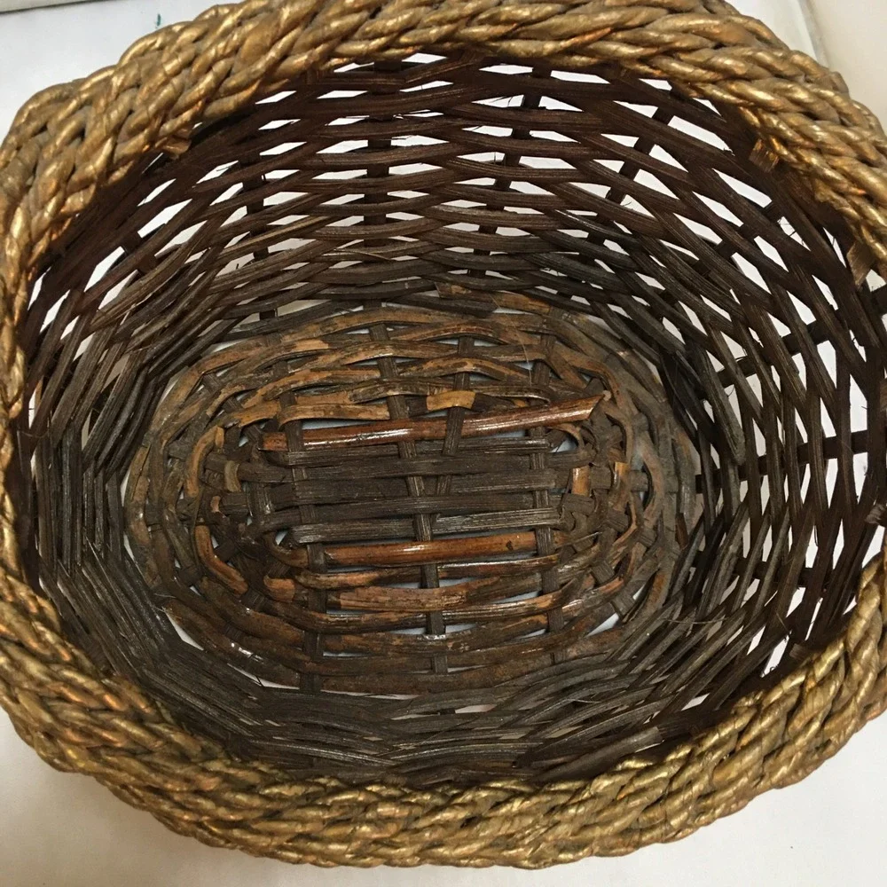 Wicker Storage Basket Unisex OS Brown Gold Trim Oval Woven Decor Cottagecore